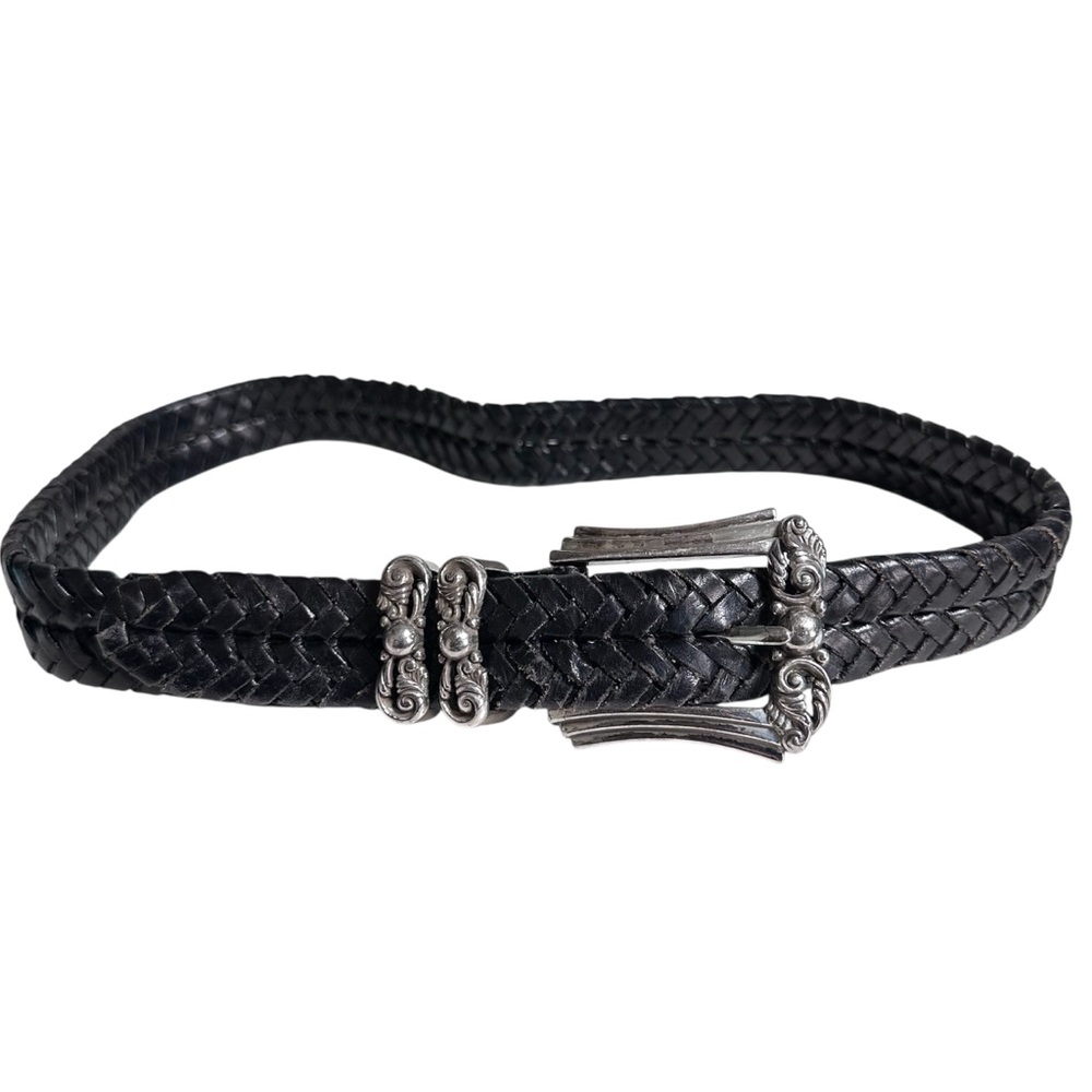 Brighton Black Leather Woven Belt with Decorative Silver Buckle